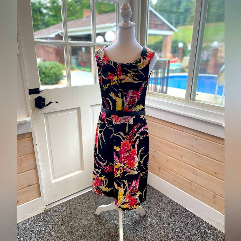 AGB Dress, black with colorful floral design.